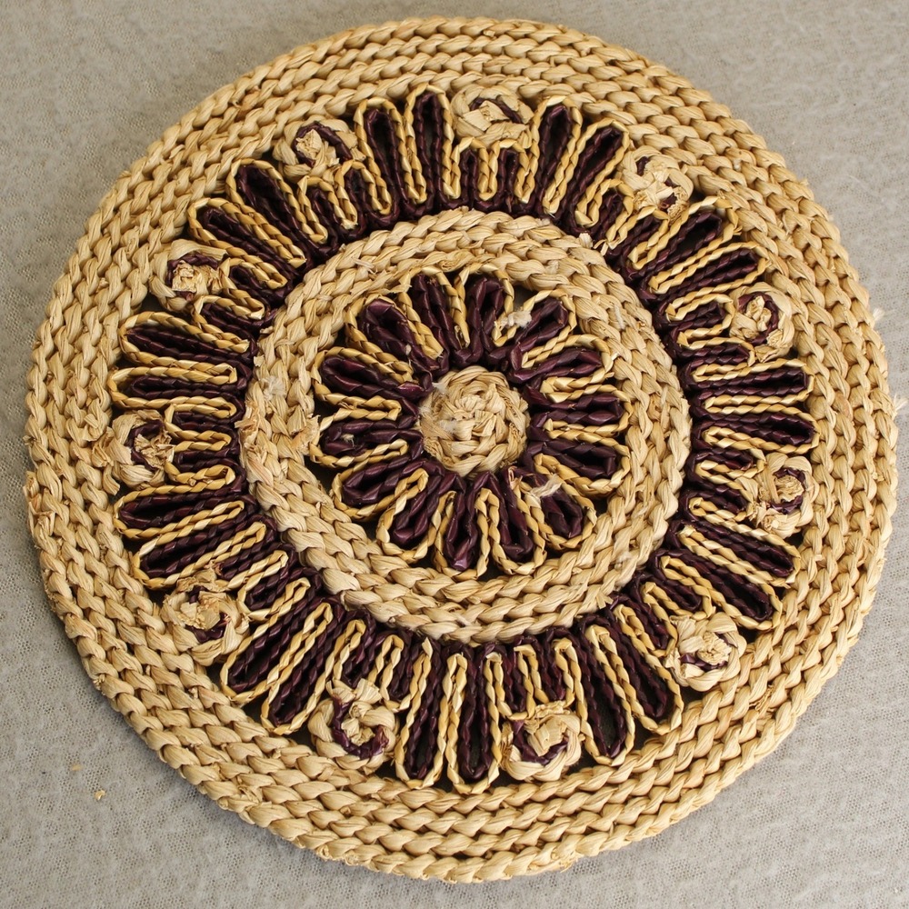 Woven Straw Trivet Tan Purple Round Boho Kitchen Hot Pad Decor